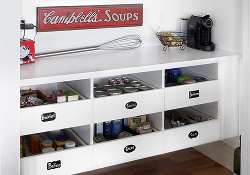 Easy to View Pantry Pull-Out Drawers with Labels from Rylex Cabinets