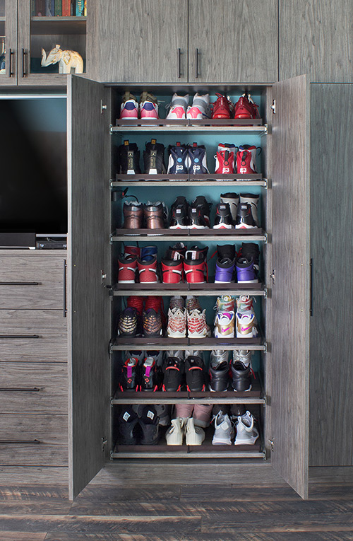 Shoe Storage Cabinet with Sliding Shoe Shelves with Fences for Rylex Custom Closets