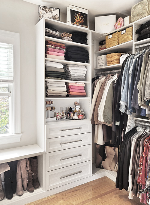 Closet Dressing Room with Built-In Dresser and Open Shelving