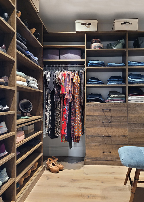 Brown Halifax Oak Custom Closet with Adjustable Shelves and Shoe Shelves in Hopewell Junction, NY