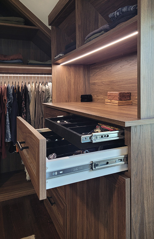 Primary Walk-In Closet with Built-In Bureau with Double Tiered Velvet Lined Jewelry Drawers and LED Lighting - View More Options