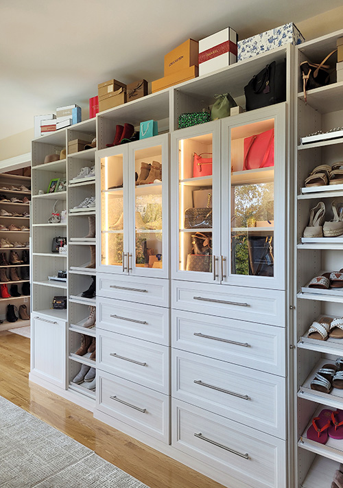 Lighted Closet Cabinet for Handbags with Adjustable Shelves & Angled Shoe Shelves