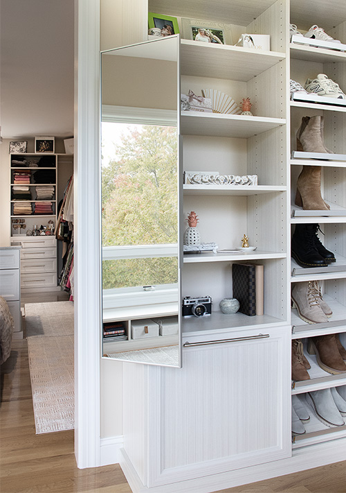 Luxury Closet with Slideout Mirror, Tilt Out Hamper and Angled Shoe Shelves