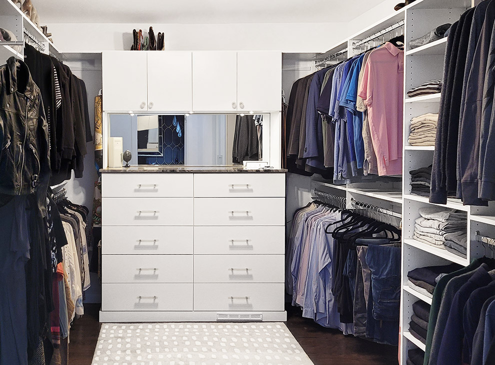 Primary Walk-In Closet with Built-In Mirrored Dresser and Open Shelving