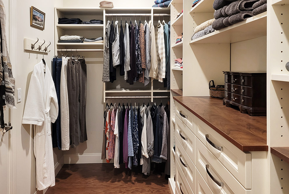 Walk-In Custom Closet Design with Accent Shelf Edge Contrast to Shelving with Built-In Bureau & Robe Rack in Middletown, NY