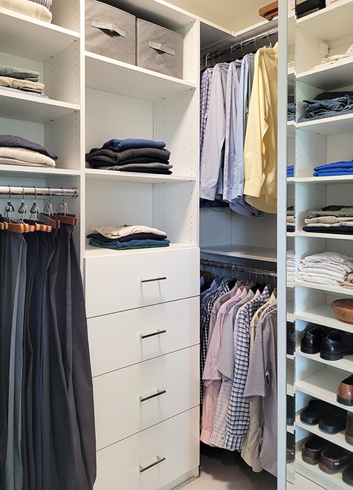 Custom Walk-In Small Closet with Built-In Drawers, Open Adjustable Shelves and Generous Hanging Space