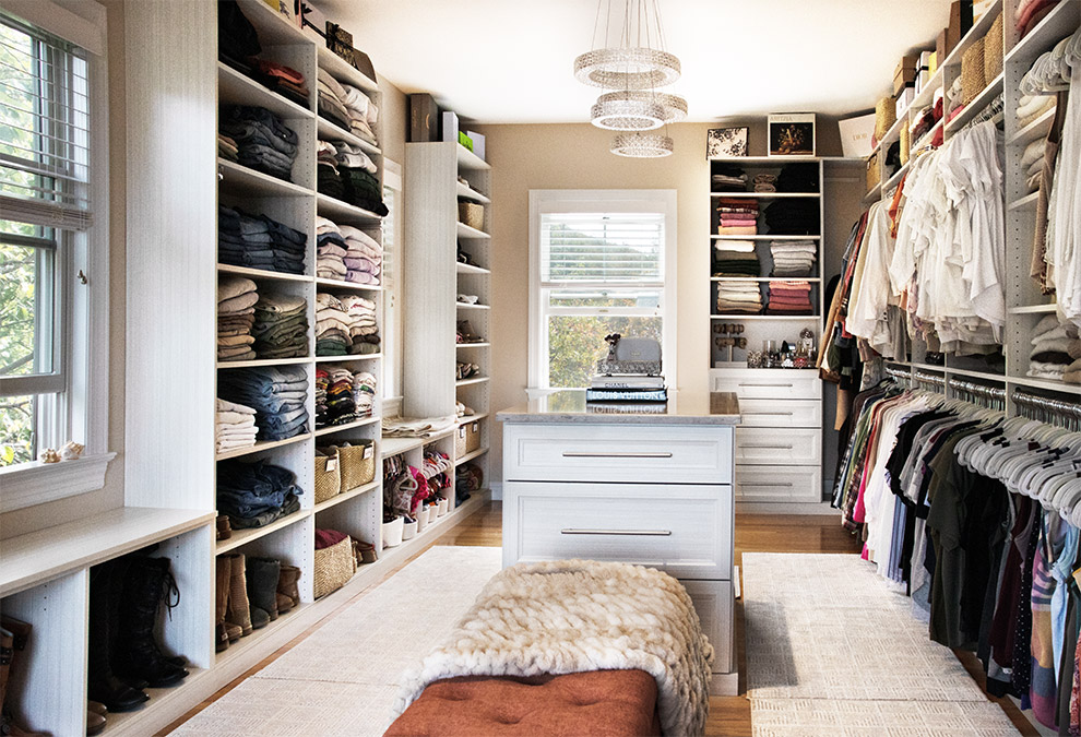 Luxury Custom Closet Dressing Room with Shoe Benches and Island Cabinet in Newburgh, NY