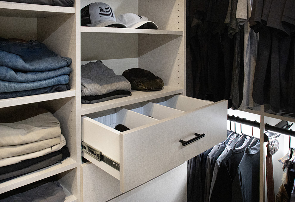 Primary Walk-In Closet Storage Drawers with Drawer Dividers, Adjustable Shelves and Lighted Garment Rods - View More Options