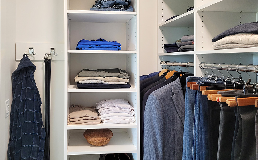 Walk-In Custom Closet Design with Adjustable Open Shelves, Robe Hook Rack and Hanging Space in Hudson Valley, NY