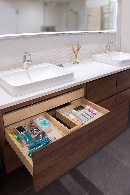 Bathroom Vanity Drawer Wraps Around Sink Plumbing for Extra Storage