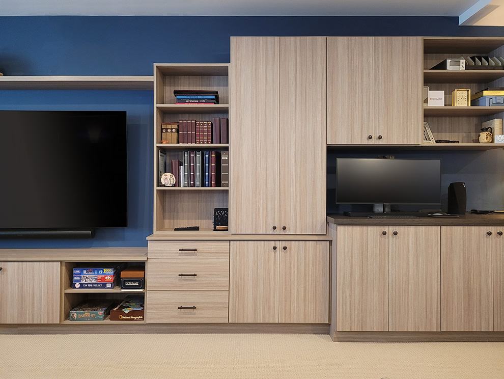 Entertainment Center with Home Office Design for Archival Photographer with Multi-Level Counters