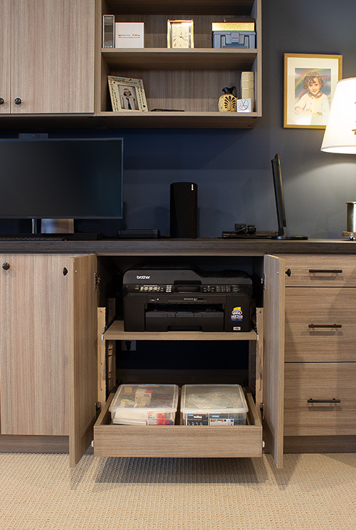 Photographer's Home Office Custom built with Pullout Printer Cabinet and Bottom Supply Storage Drawer 