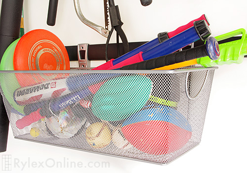 Garage Sport Storage Bin and Hook Close Up