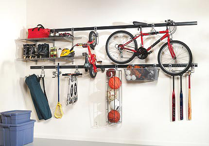 Garage Storage Racks and Bins with Hooks for Bikes and Sport Equipment