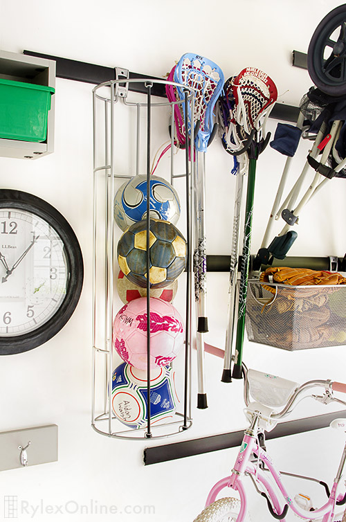 Garage Sports Storage Racks with Hooks and Mesh Bins Close Up