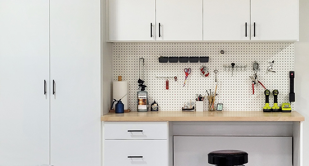 Garage Storage Cabinets with Butcher Block Work Bench & Pegboard Tool Organization