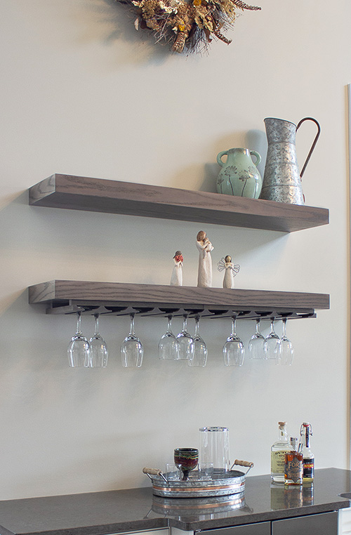 Thick Floating Shelves with Hanging Stemware Close Up