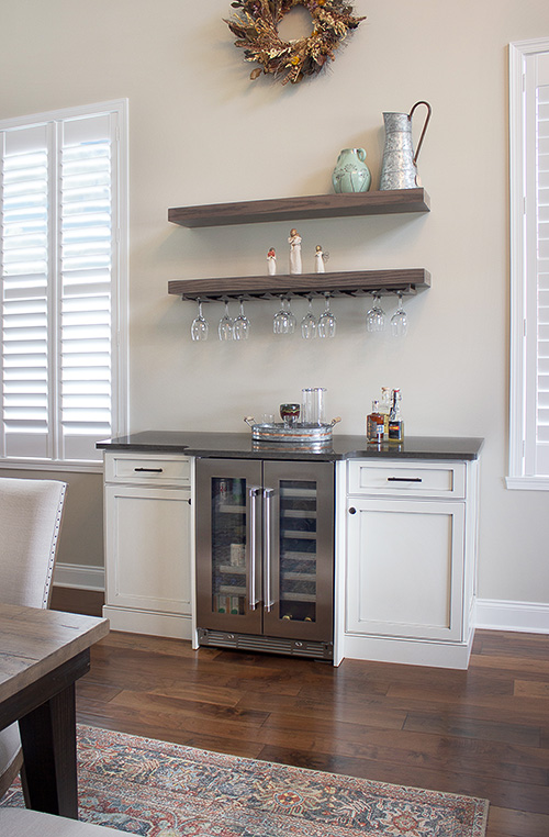 Home Bar with Floating Shelves with Hanging Stemware