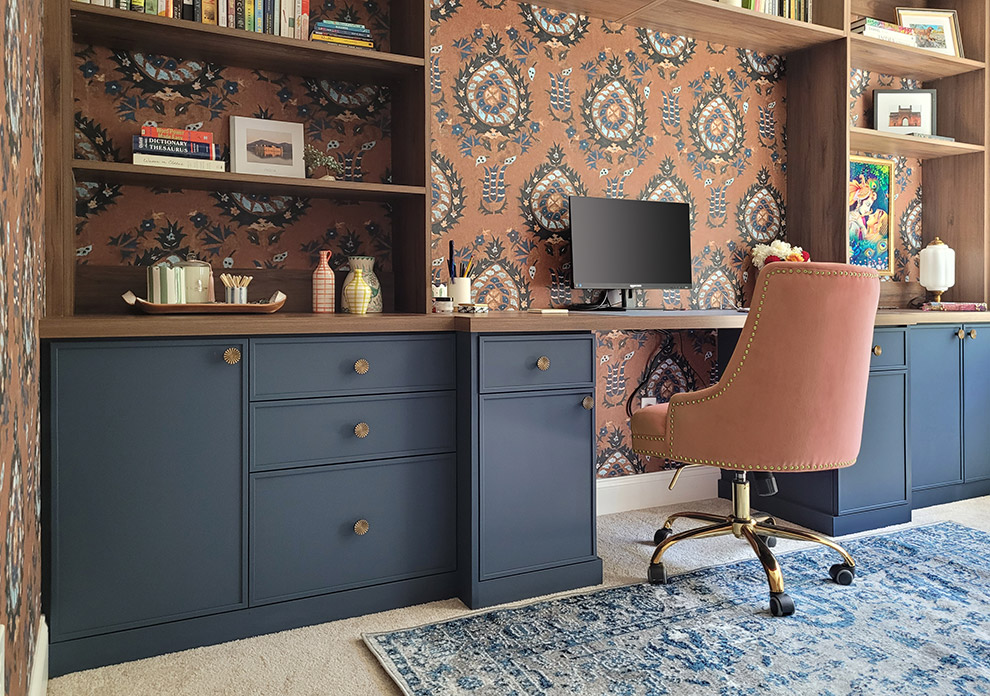 Custom Built-In Home Office Calm Blue Cabinets with Deep File Drawers, Warmia Walnut Countertop & Antique Brass Hardware