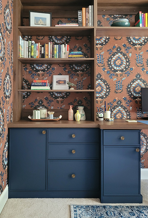 Custom Home Office with Warmia Walnut Cabinetry, Calm Sea Matte Base Cabinets, Built-In File Storage, Open Shelves & Charging Stations
