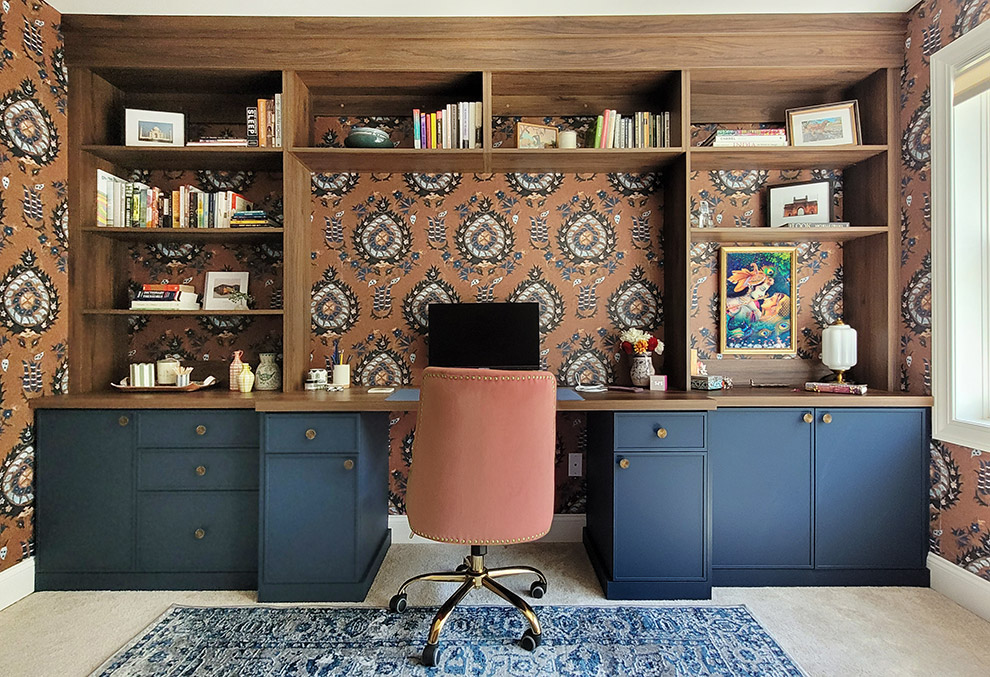 Luxury Home Office with Warmia Walnut Desktop & Cabinets with Calm Sea Matte Base Cabinets in Nanuet, NY
