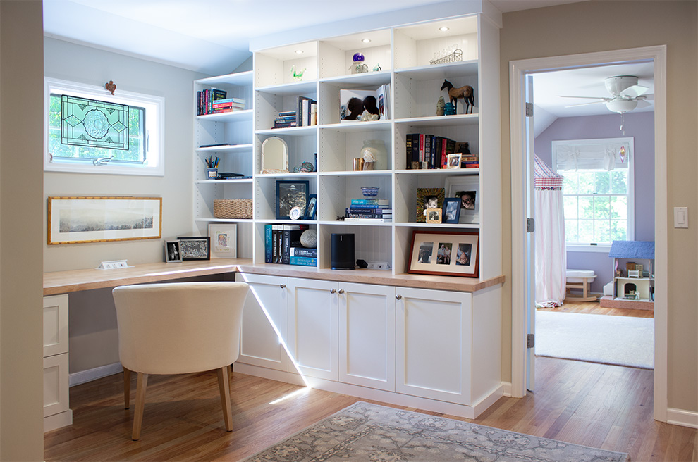 Custom Office Design with Bookcase Shelves & Pop-Up Power in Chester, NY