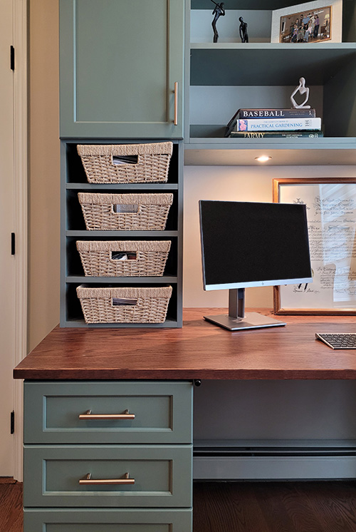 Built-In Home Office with Open Shelving, Task Lighting and Red Oak Desktop