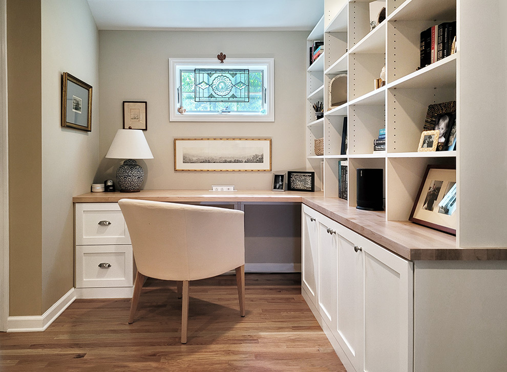 Custom L-Shaped Home Office Design with Butcher Block Desktop