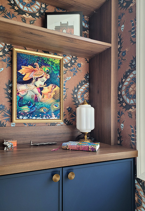 Warm Walnut Office Desk & Cabinets with Adjustable Shelves & Calm Blue Base Cabinets