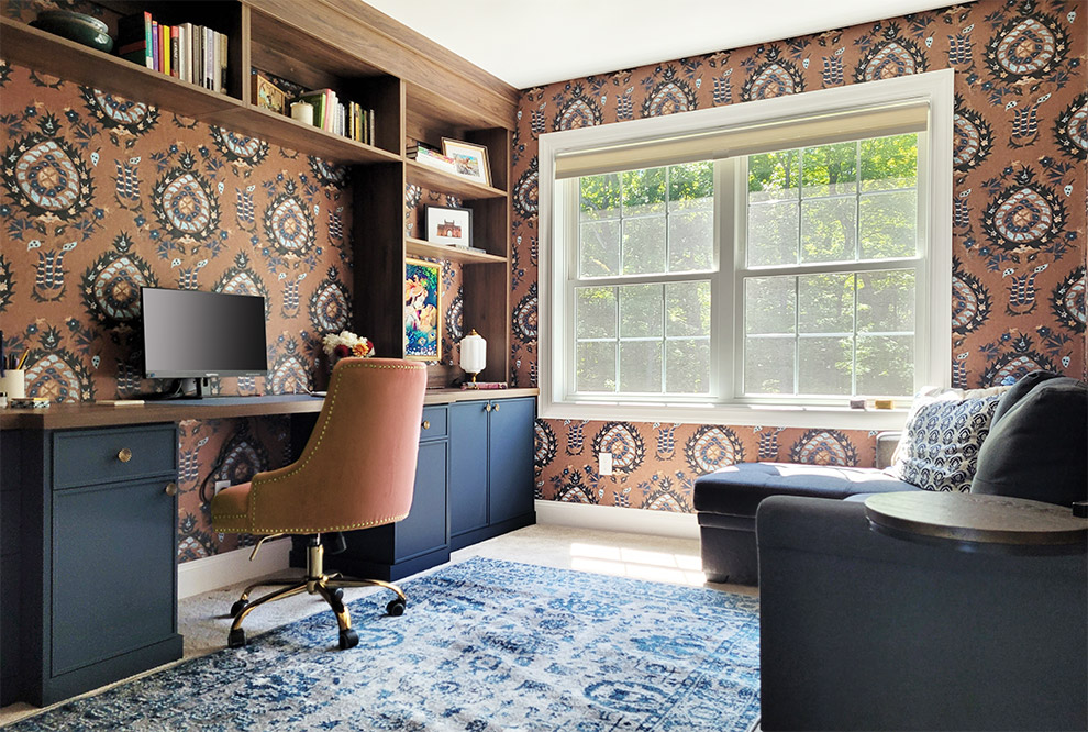 Custom Warm Walnut Home Office Upper Cabinets with Calm Sea Matte Base Cabinets