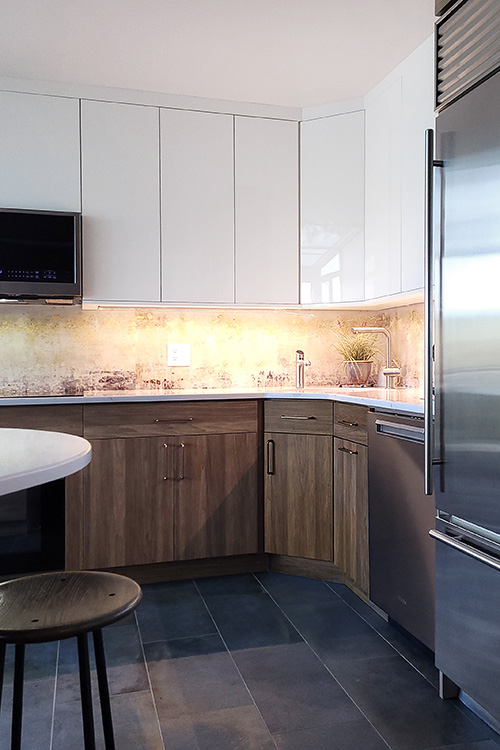 Glossy White Upper Cabinets and Warm Wood Base Cabinets