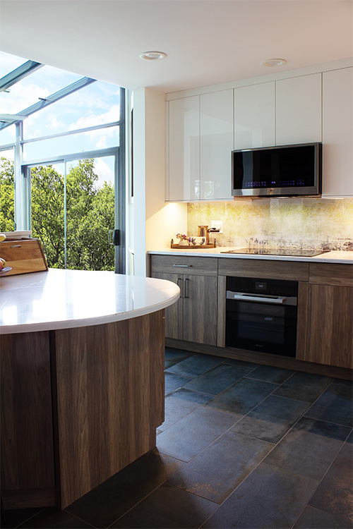 Glossy Kitchen Island Counter and Warm Wood Tone Base Cabinet