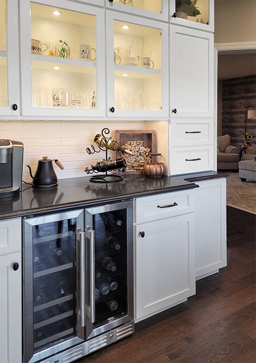 Kitchen Cabinets with Coffee Bar and Storage and Beverage Refrigerator