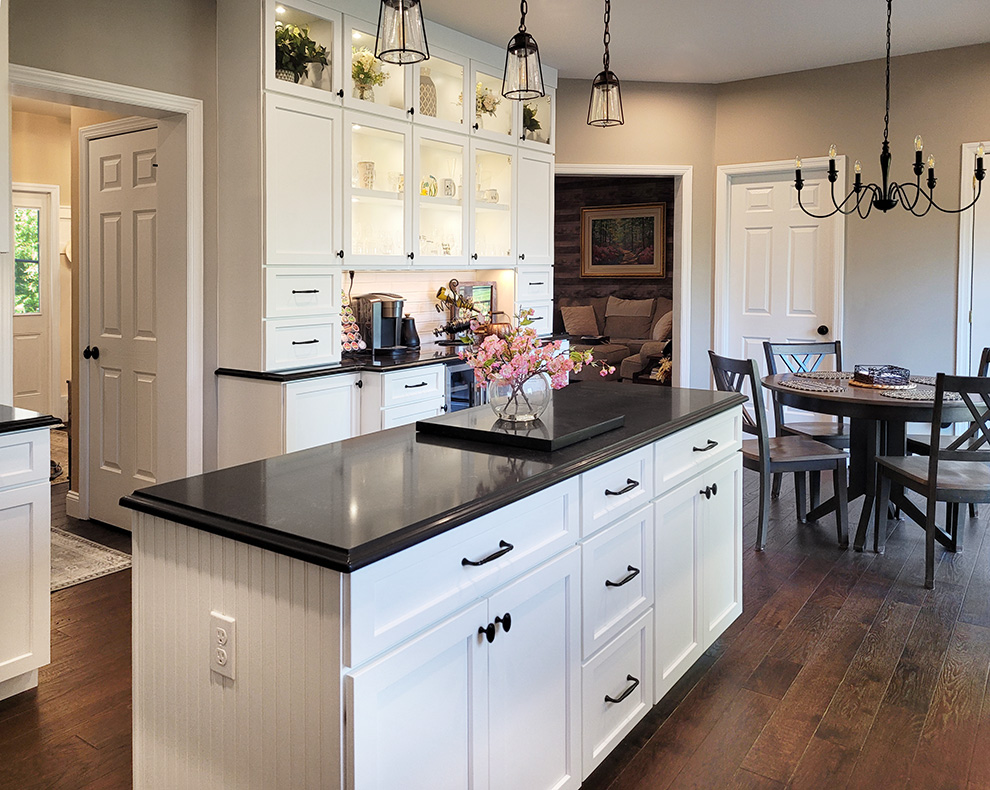 White Kitchen Farmhouse Style Island and Display Cabinet with Glass Insert