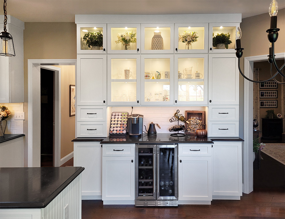 White Kitchen Farmhouse Style Island and Display Cabinet with Glass Insert