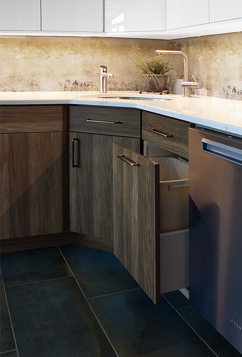 Glossy White Upper Cabinets and Warm Wood Base Cabinets