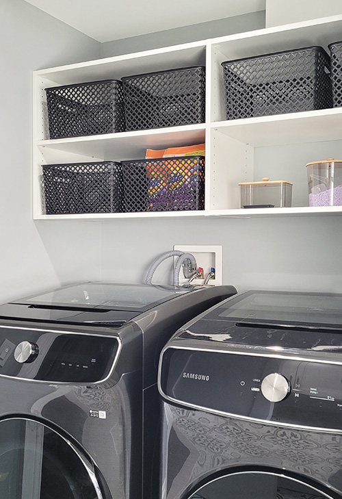 White Open Laundry Shelves with Storage Bins