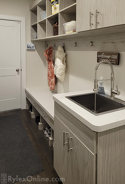 Mudroom Bench with Drawers Shoe Storage and Open Shelves and Coat Storage