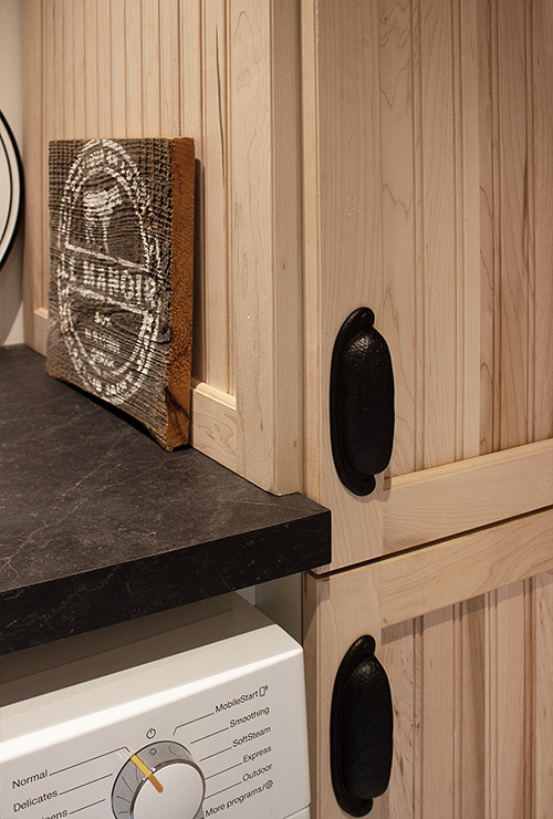 Solid Maple Laundry Cabinets with Beadboard Recessed Panel Doors Close Up