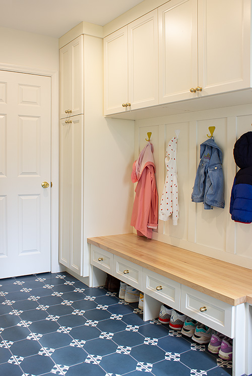 Mudroom with Shoe Bench and Closed Cabinet Storage