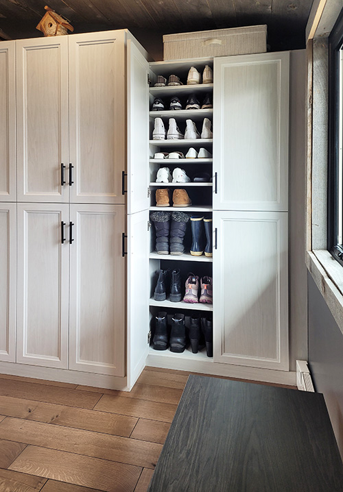 Luxury Mudroom with Shoe Bench and Family Boot Storage Cabinet