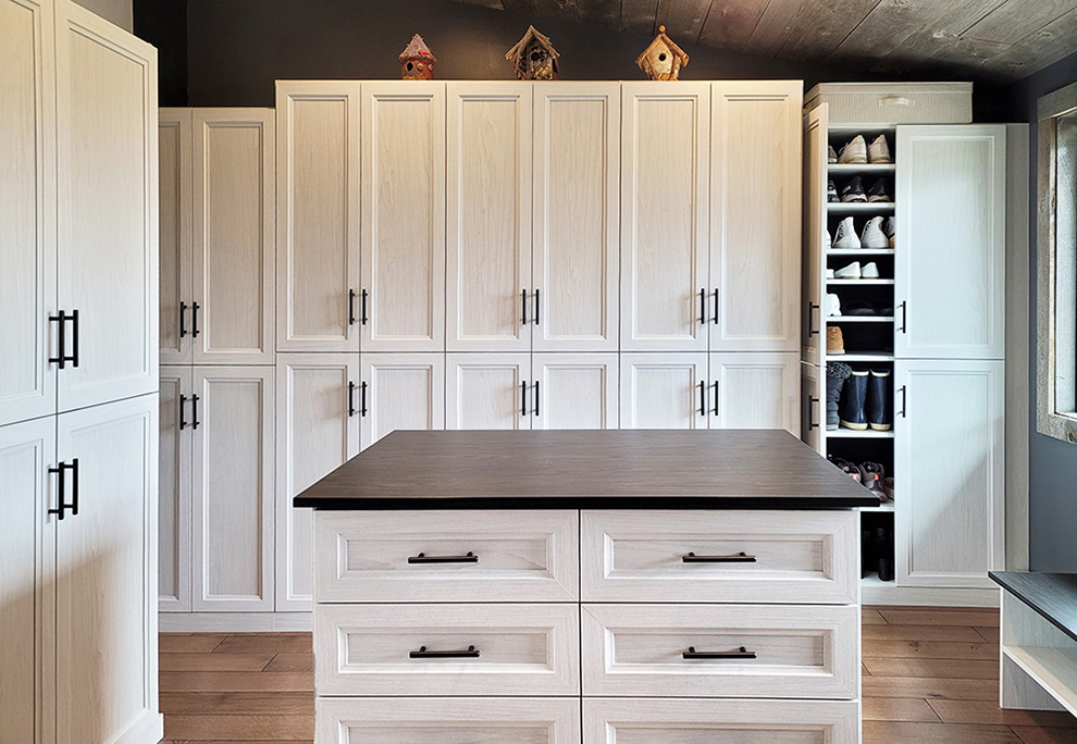 Spacious Cabinets in Luxury Mudroom with Boot Storage Cabinet