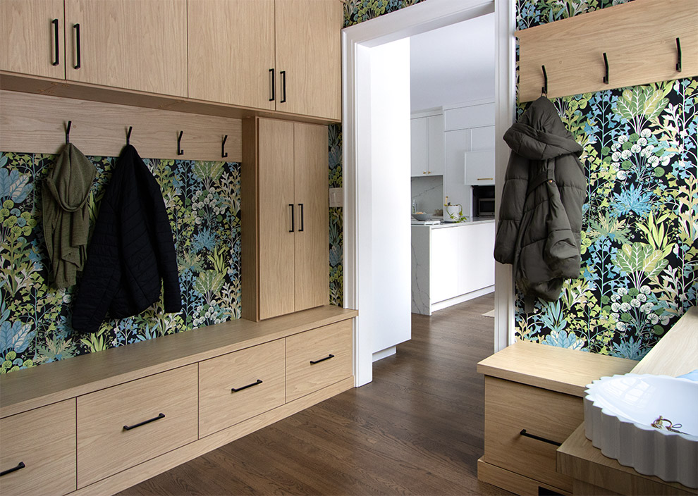 Built-in Custom Mudroom Cabinetry with Built-In Bench, Storage Drawers, Coat Hooks and Shoe Storage in Chester, NY