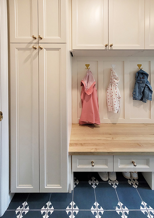 Mudroom Shoe Bench with Drawers and Butcherblock Counter and Tall Storage Cabinets