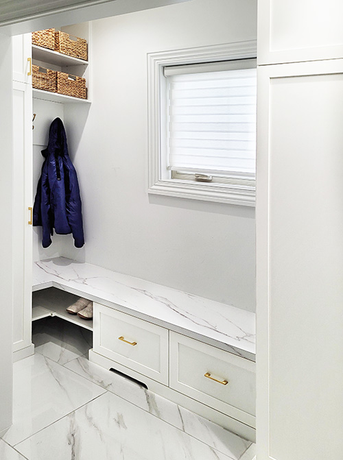 Mudroom Cabinets with Storage Bench Drawers and Open Shelves