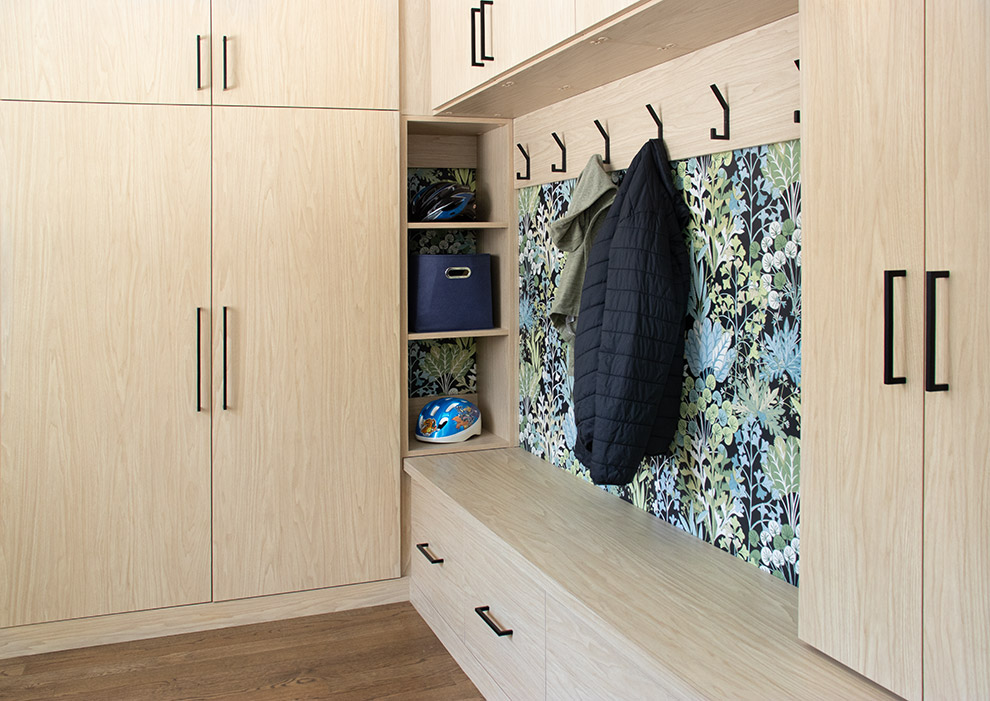 Custom Mudroom Design with Shoe Storage Cabinet, Bench, Coat Rack, Upper Storage Cabinets
