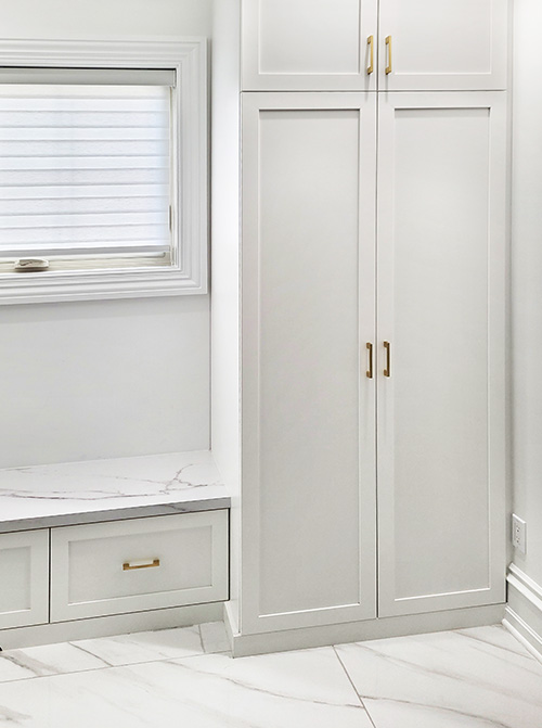 Mudroom Tall White Cabinets with Bench Storage