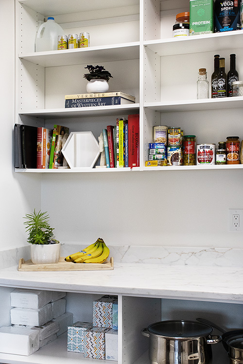 Custom Built-In Storage Pantry with Open Adjustable Shelve and Workspace Counter