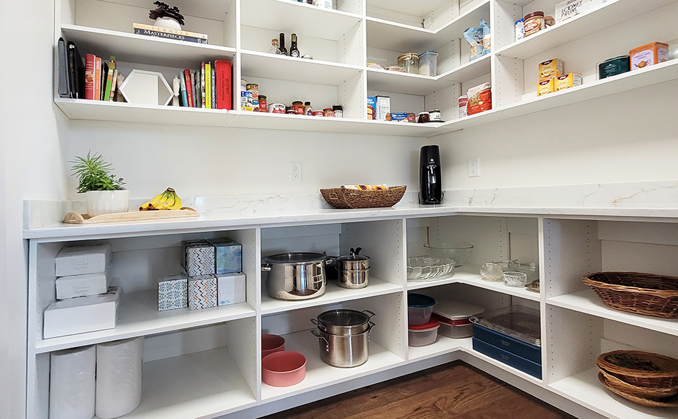 L-Shaped Pantry with Adjustable Open Shelves & Spacious Counter