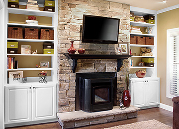 Fireplace Pellet Stove Surrounded with Cabinets and Book Shelves